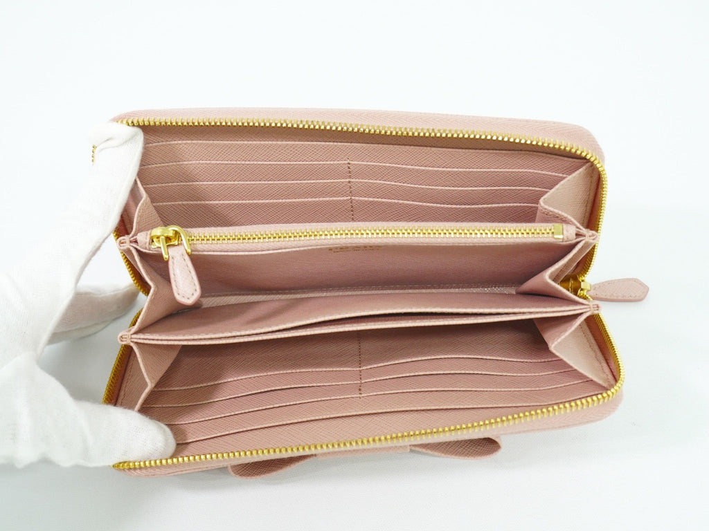 Prada Bow Zip Around Wallet Saffiano Leather Pink Leather Wallets Accessory (Pre-Owned)