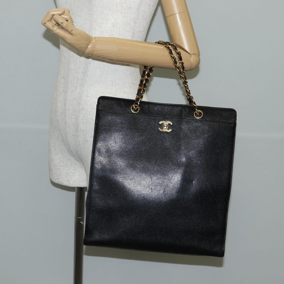 Chanel Vintage Cc Lock Pocket Chain Tote Caviar Black Leather Tote Bag Bag (Pre-Owned)