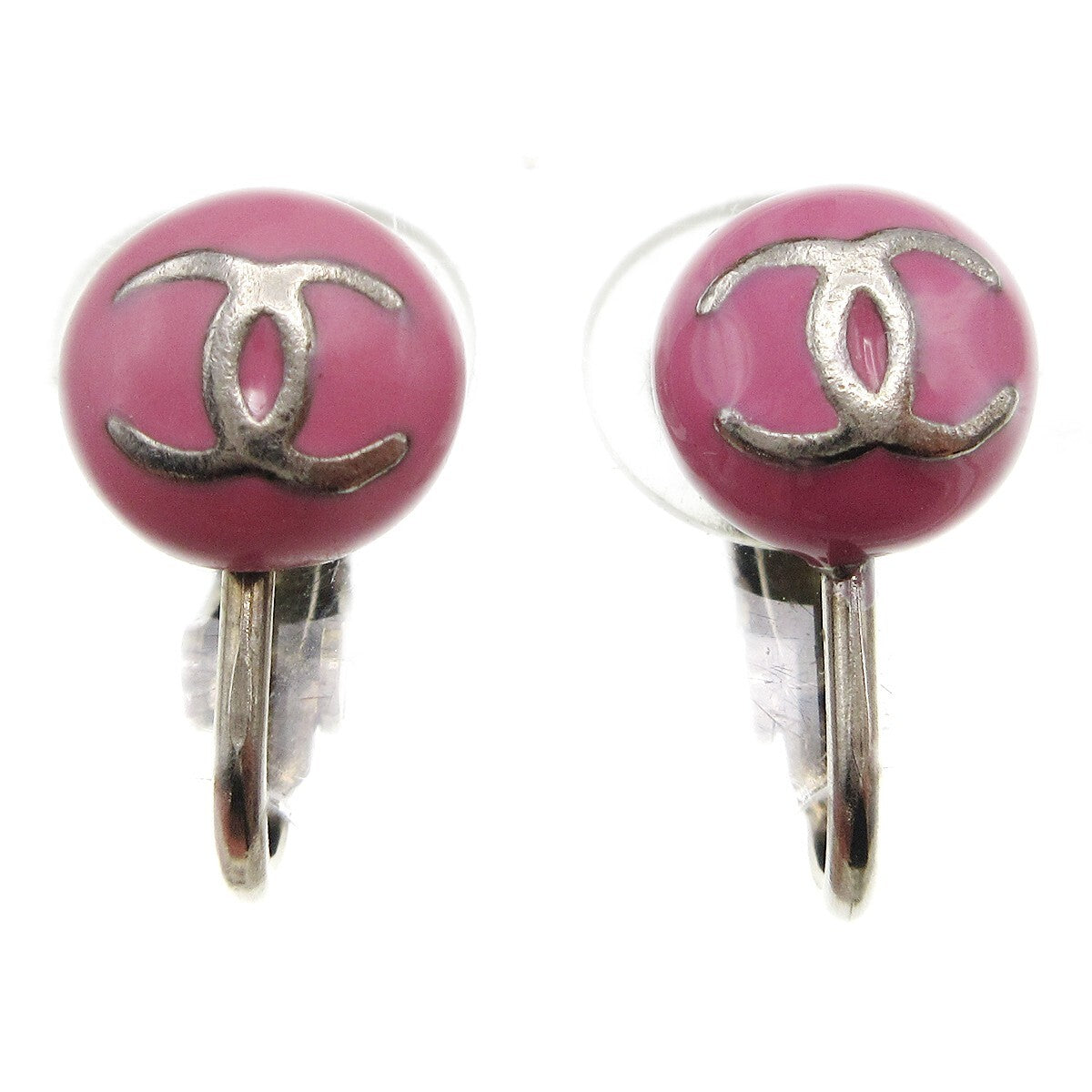 Chanel Cc Round Clip-On Earrings Enamel With Metal Pink Plastic Earrings Jewelry (Pre-Owned)
