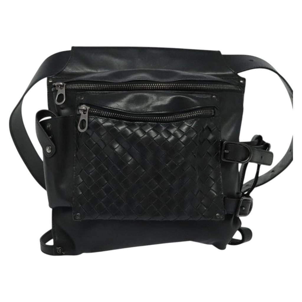 Bottega Veneta Utility Waist Bag Leather With Intrecciato Black Leather Shoulder Bag Bag (Pre-Owned)