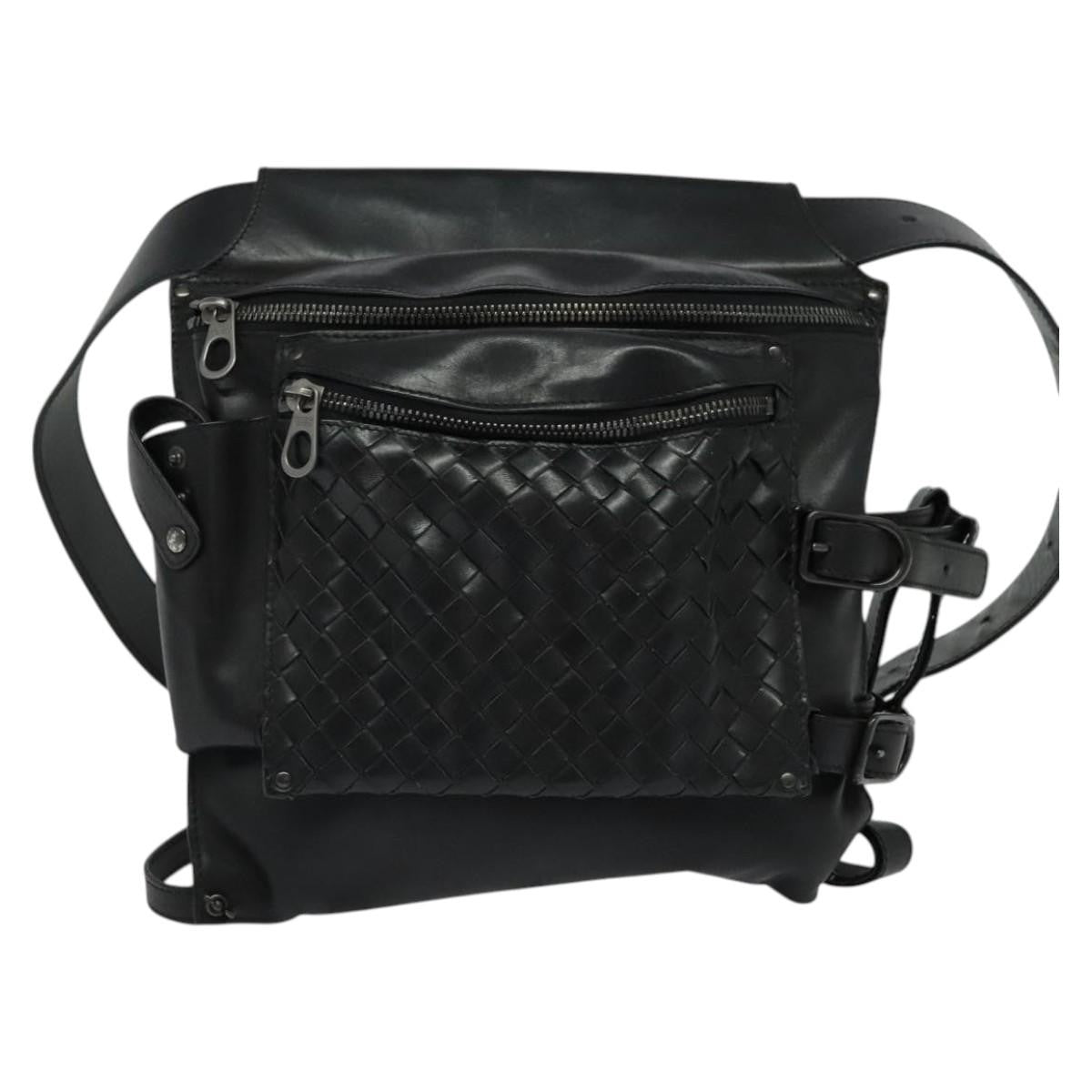 Bottega Veneta Utility Waist Bag Leather With Intrecciato Black Leather Shoulder Bag Bag (Pre-Owned)