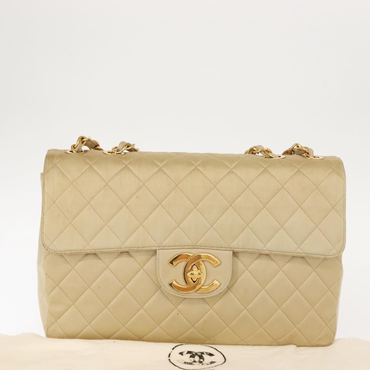 Chanel Vintage Classic Single Flap Bag Silk Beige Satin Shoulder Bag Bag (Pre-Owned)