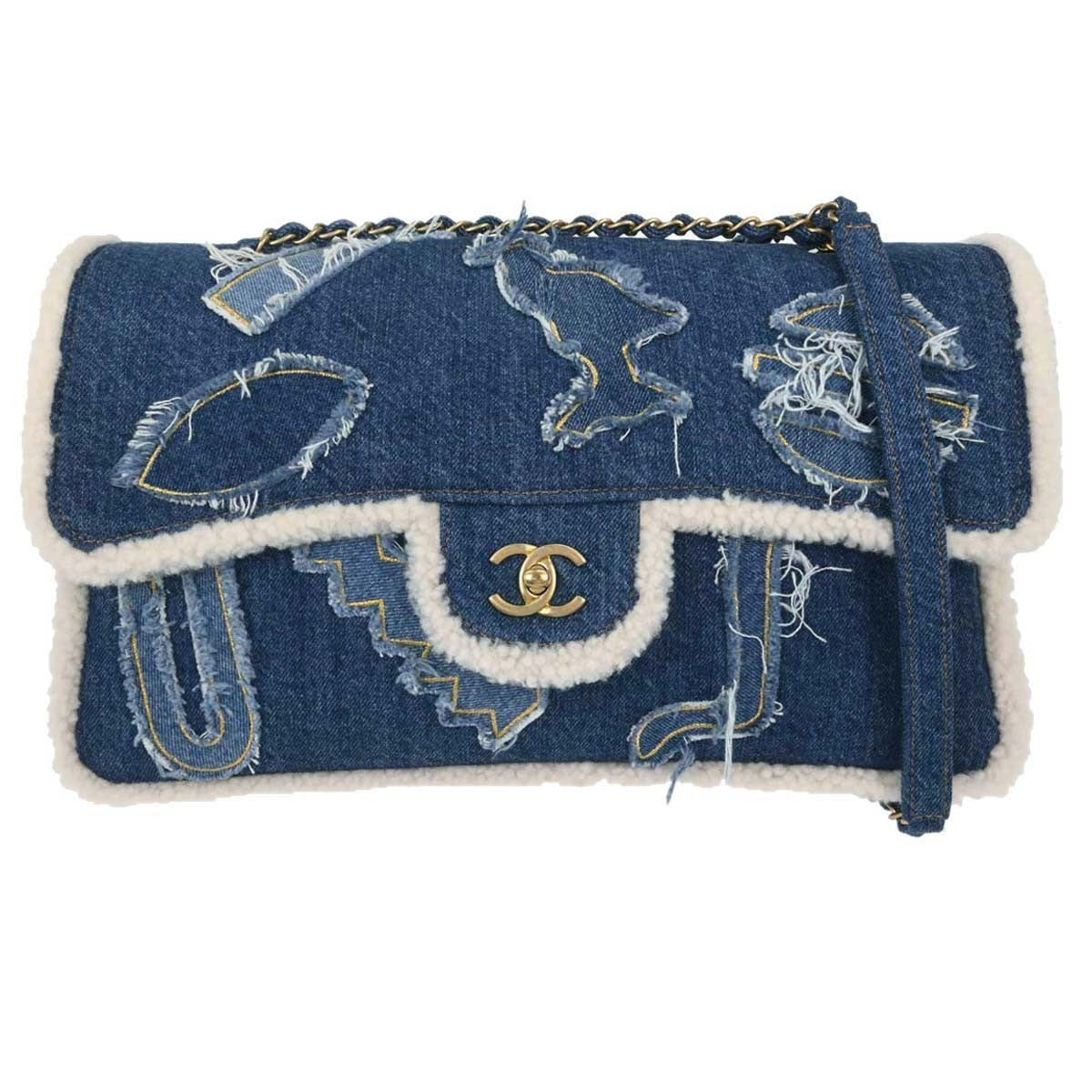Chanel Egyptian Hieroglyph Flap Bag Denim And Shearling Blue Denim_Jeans Shoulder Bag Bag (Pre-Owned)