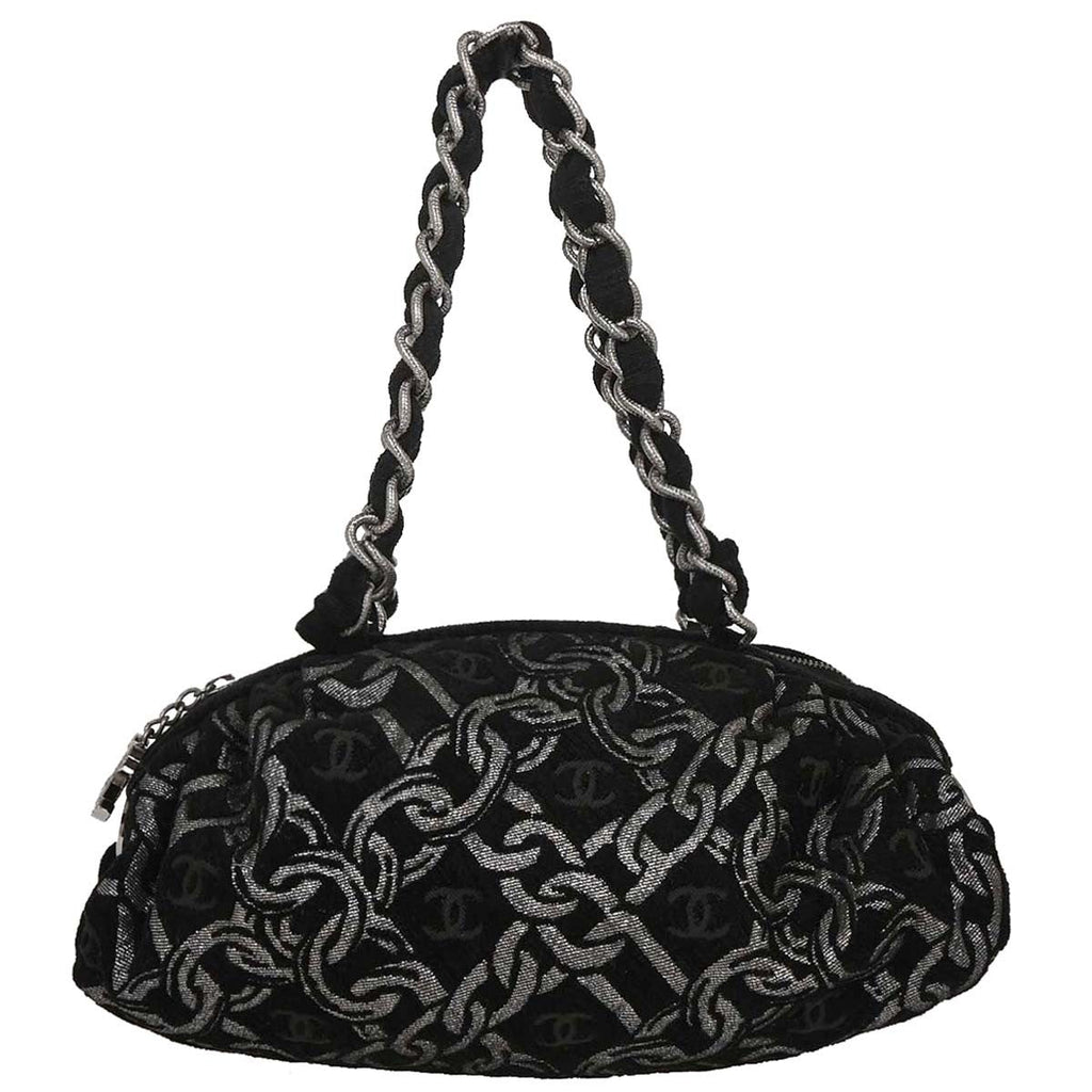 Chanel Vintage Zip Bowler Bag Printed Jacquard Black Cotton Shoulder Bag Bag (Pre-Owned)
