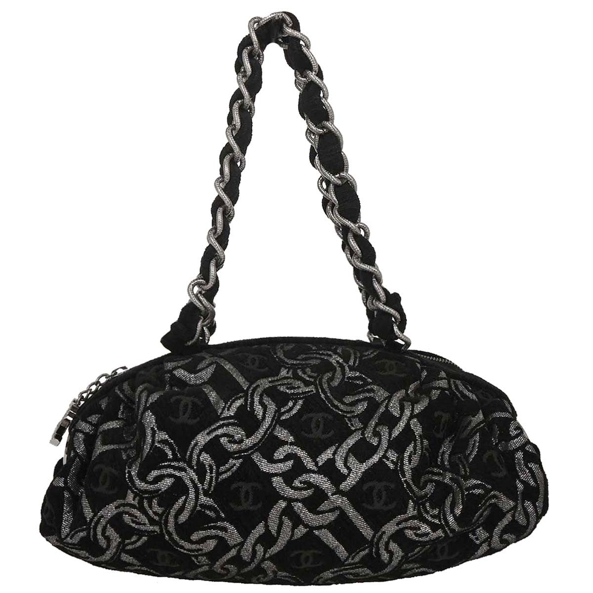 Chanel Vintage Zip Bowler Bag Printed Jacquard Black Cotton Shoulder Bag Bag (Pre-Owned)