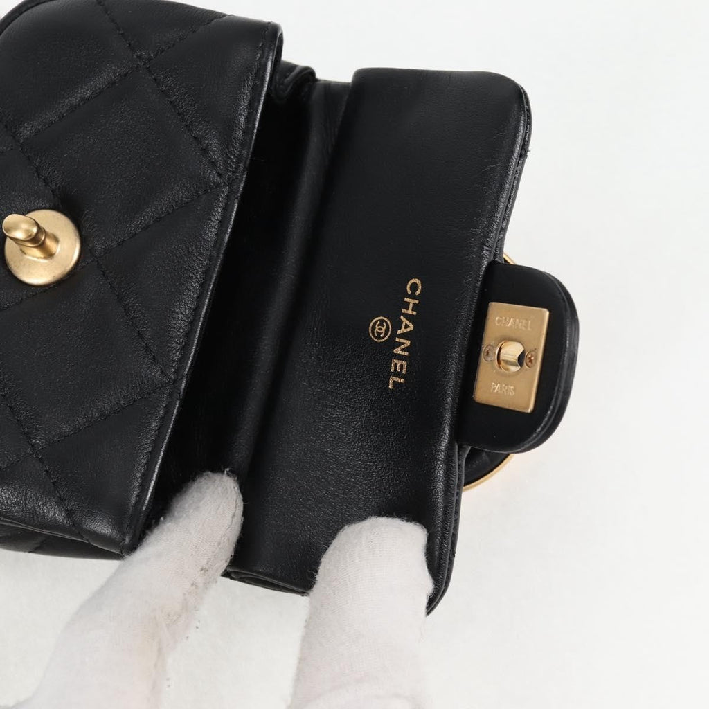 Chanel Lady Handle Flap Card Holder On Chain Quilted Calfskin Black Leather Bag (Pre-Owned)