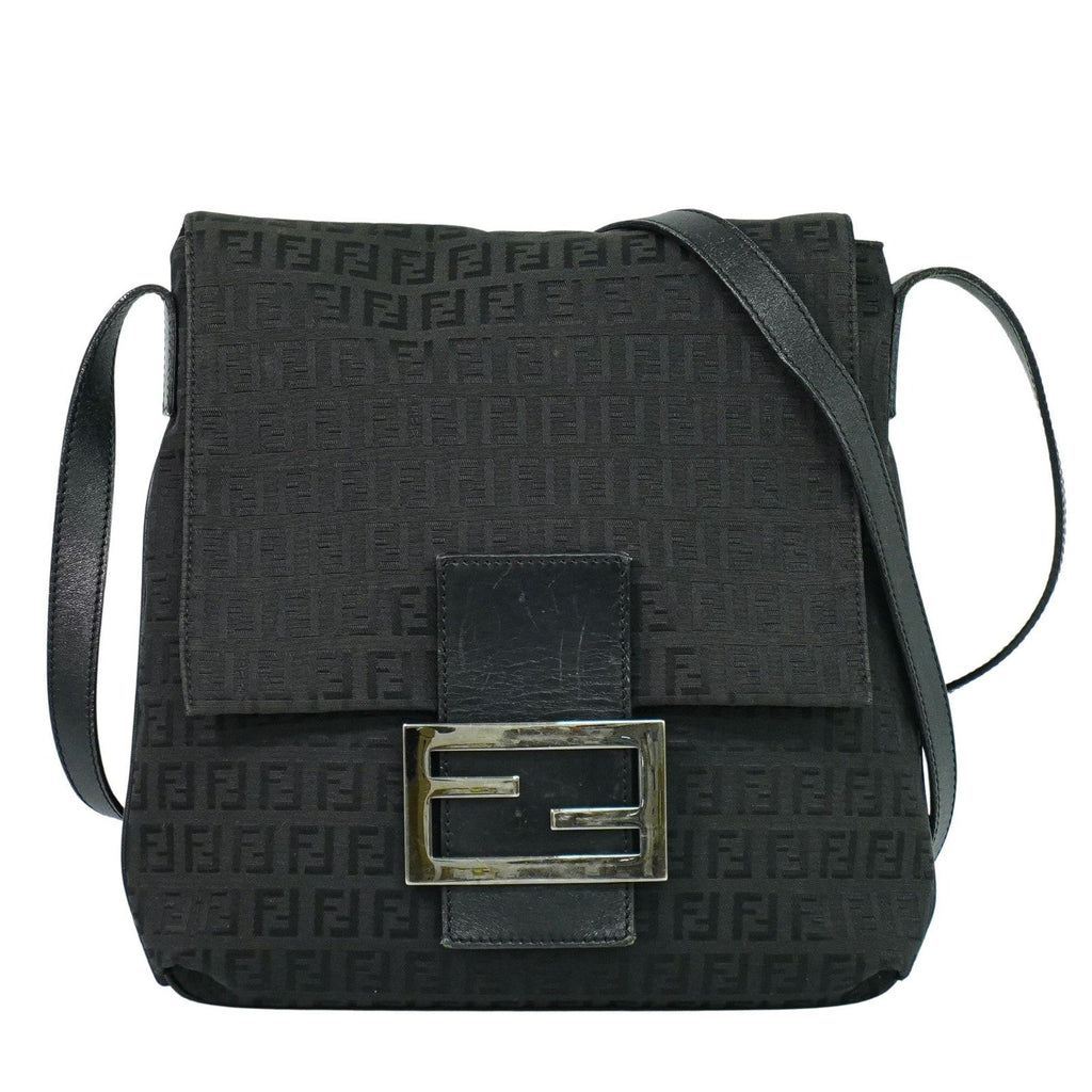 Fendi Vintage Flap Crossbody Bag Zucchino Canvas Black Canvas Shoulder Bag Bag (Pre-Owned)