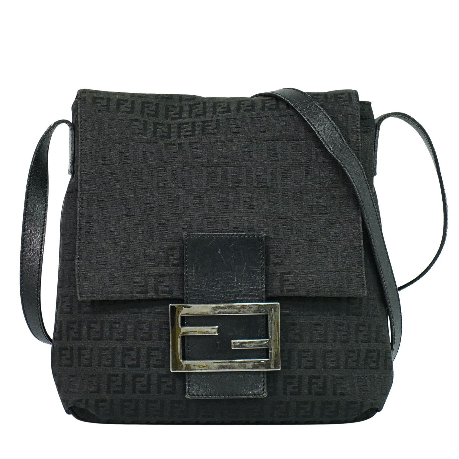 Fendi Vintage Flap Crossbody Bag Zucchino Canvas Black Canvas Shoulder Bag Bag (Pre-Owned)