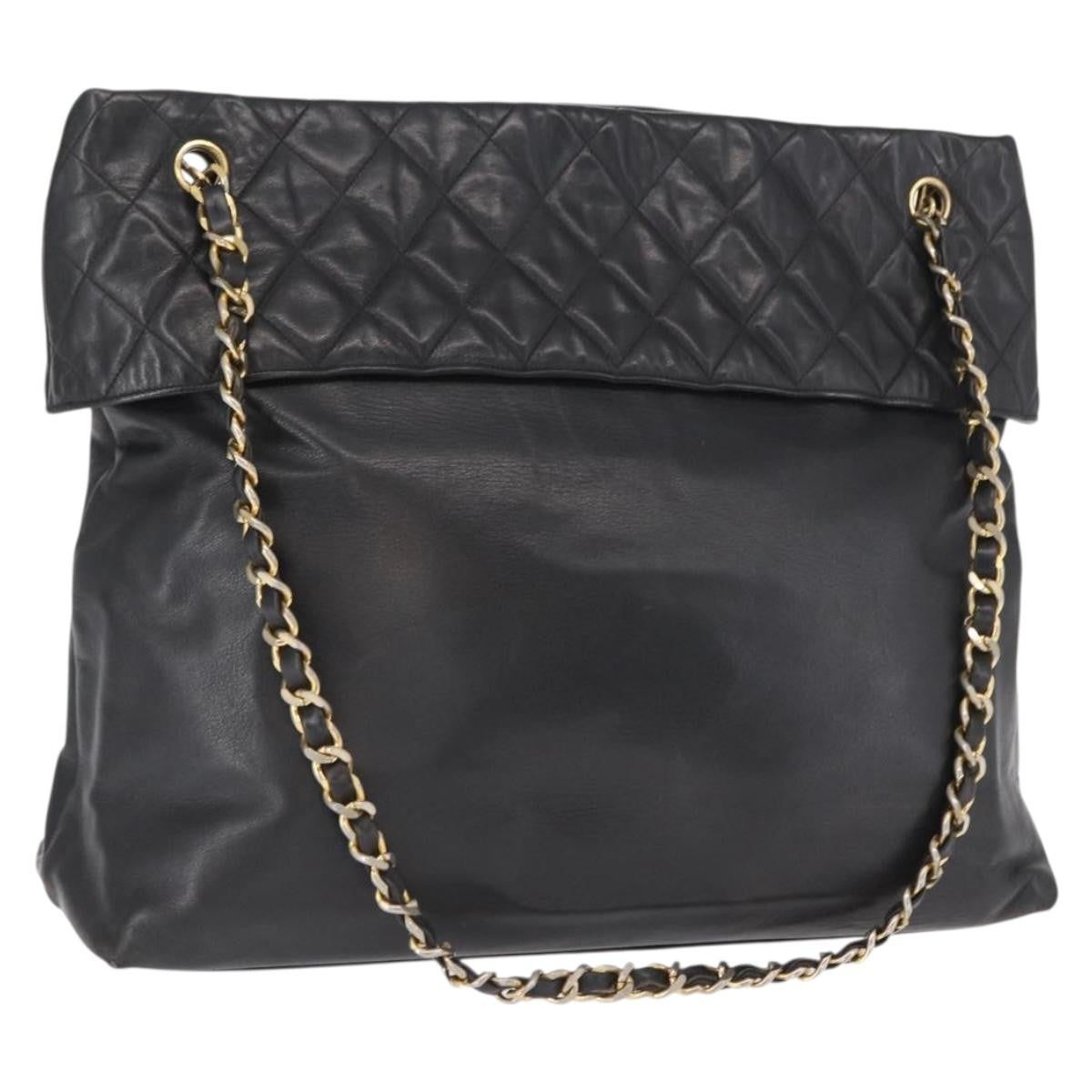 Chanel Chain Tote Leather Black Leather Handbag (Pre-Owned)
