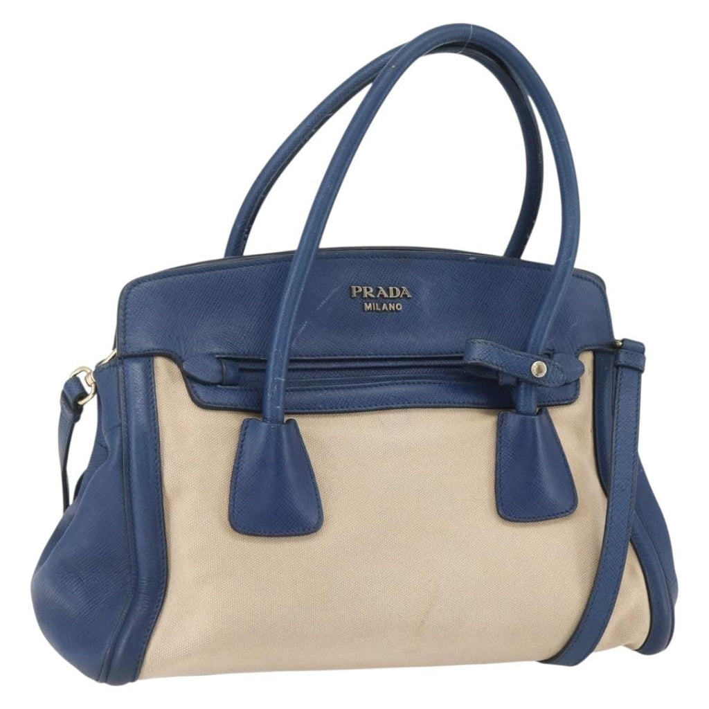 Prada Cuir Frame Convertible Tote Canvas And Saffiano Leather Beige Canvas Tote Bag Bag (Pre-Owned)