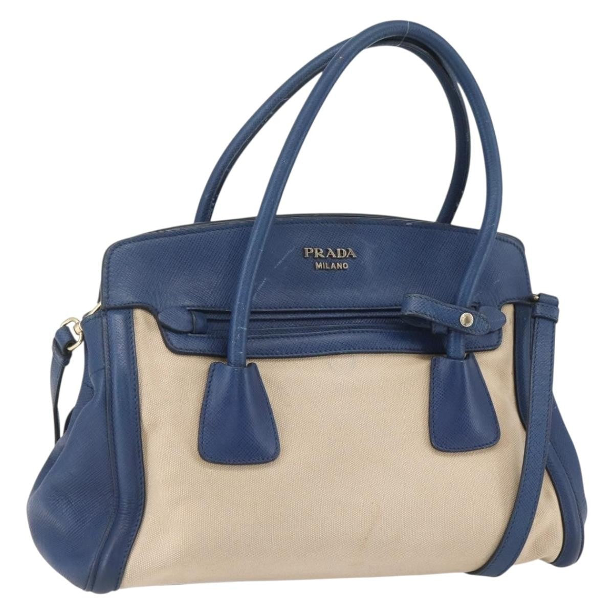 Prada Cuir Frame Convertible Tote Canvas And Saffiano Leather Beige Canvas Tote Bag Bag (Pre-Owned)