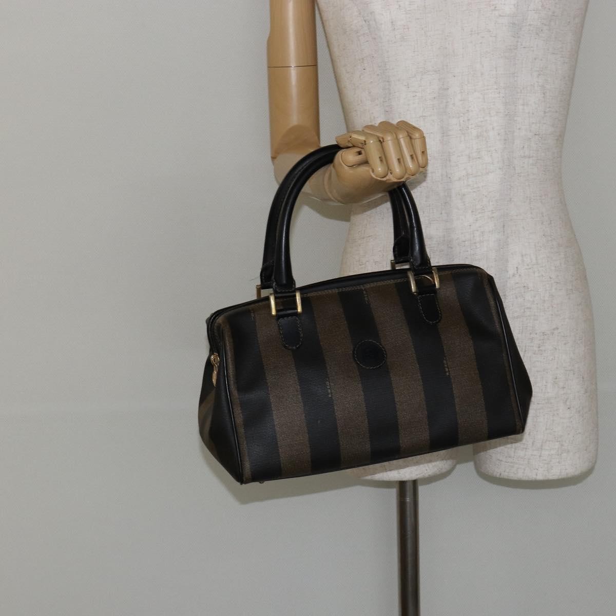 Fendi Vintage Pequin Boston Bag Coated Canvas Black Canvas Bag (Pre-Owned)
