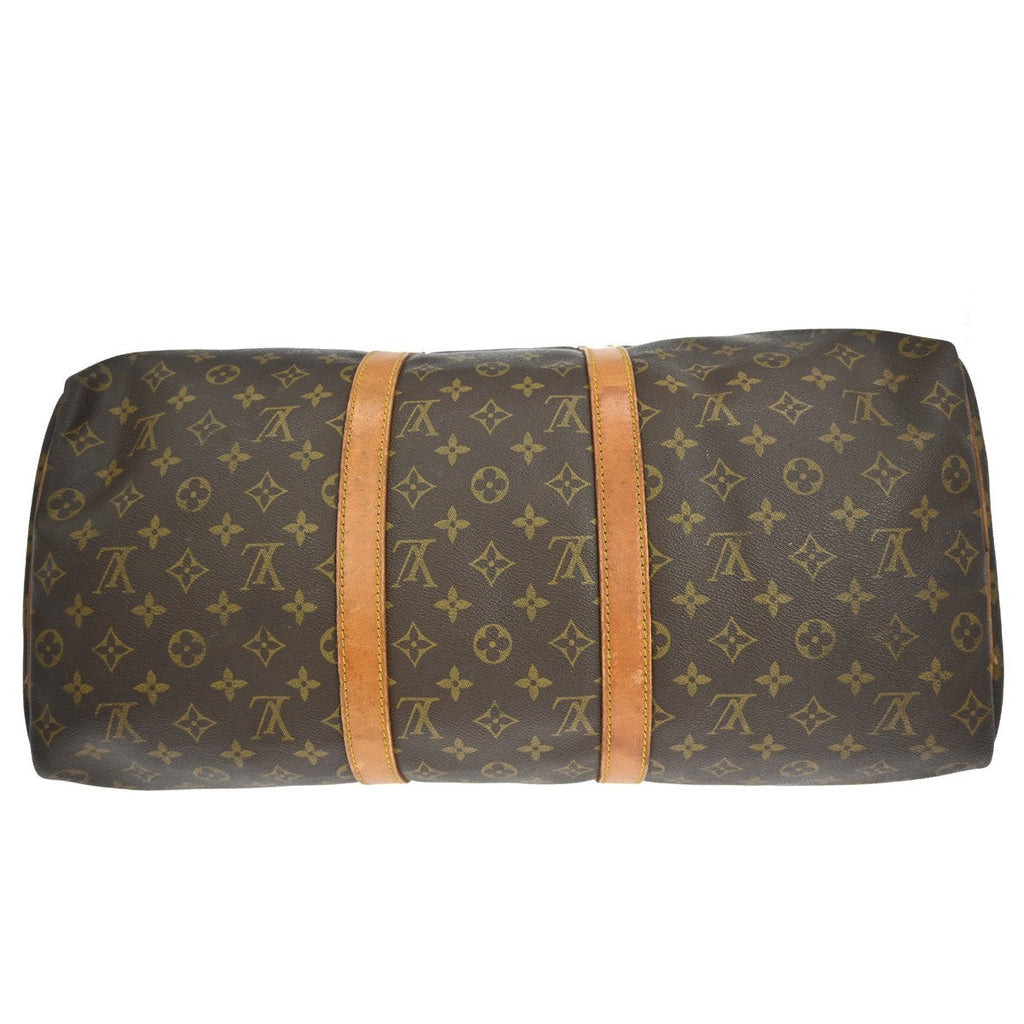 Louis Vuitton Keepall Bag Monogram Canvas Brown Leather Travel Bag Bag (Pre-Owned)