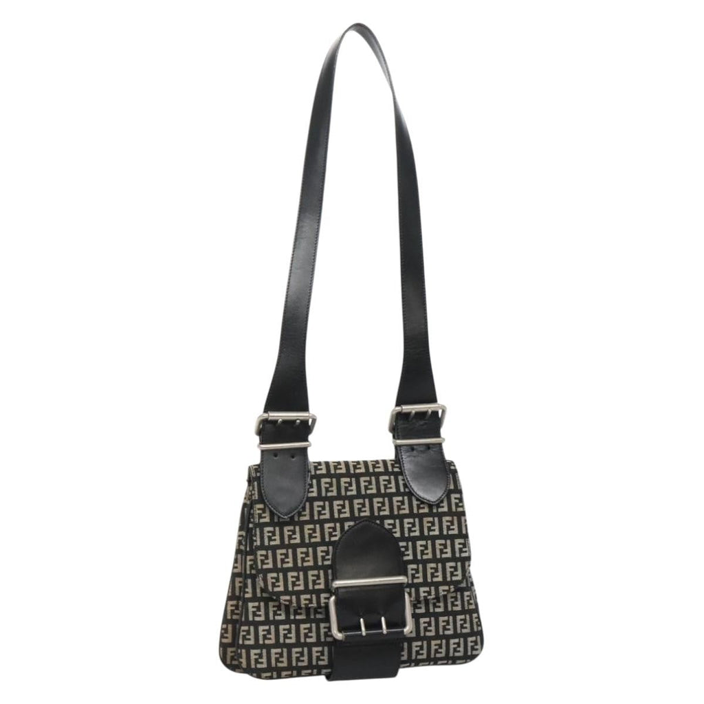 Fendi Buckle Flap Shoulder Bag Zucchino Canvas Black Canvas Shoulder Bag Bag (Pre-Owned)