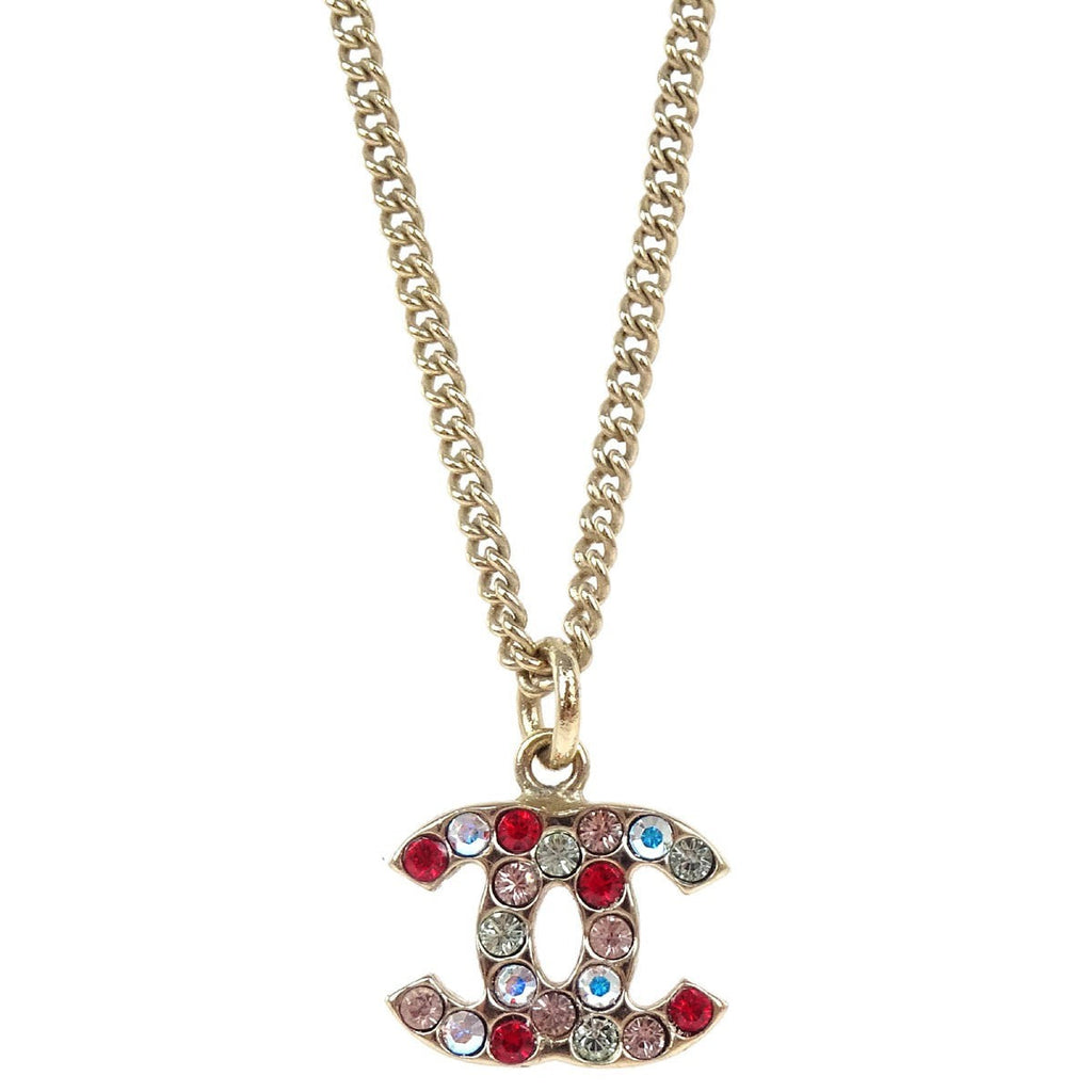 Chanel Cc Pendant Necklace Multicolor Crystal Embellished Metal Gold Gold_Plated Necklace Jewelry (Pre-Owned)
