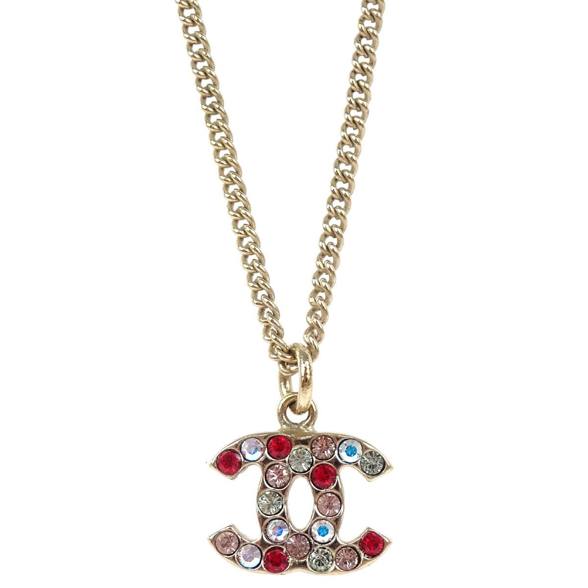 Chanel Cc Pendant Necklace Multicolor Crystal Embellished Metal Gold Gold_Plated Necklace Jewelry (Pre-Owned)