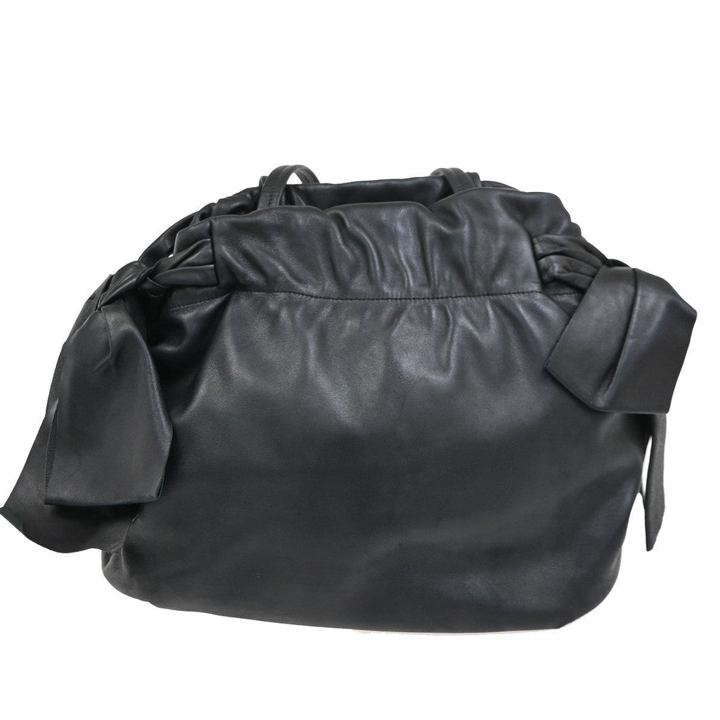 Prada Bow Tie Pleated Tote Leather Black Leather Shoulder Bag Bag (Pre-Owned)