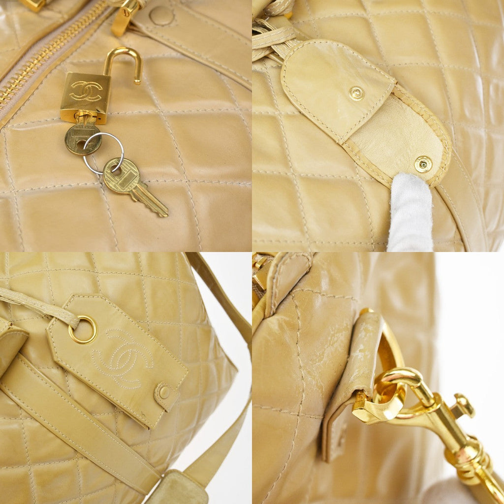 Chanel Vintage Bowler Bag Lambskin Beige Patent_Leather Handbag (Pre-Owned)