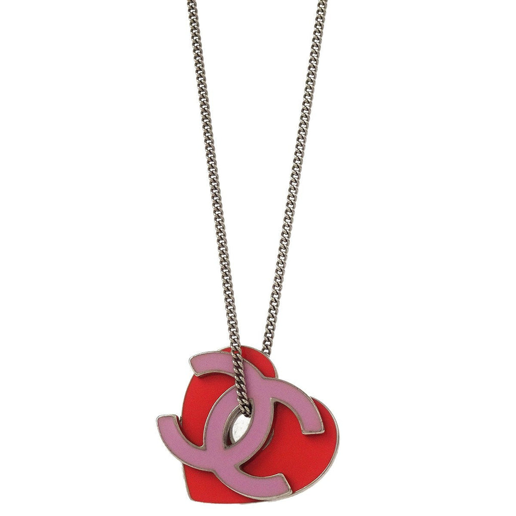 Chanel Cc Heart Pendant Metal Red Silver_Plated Necklace Jewelry (Pre-Owned)