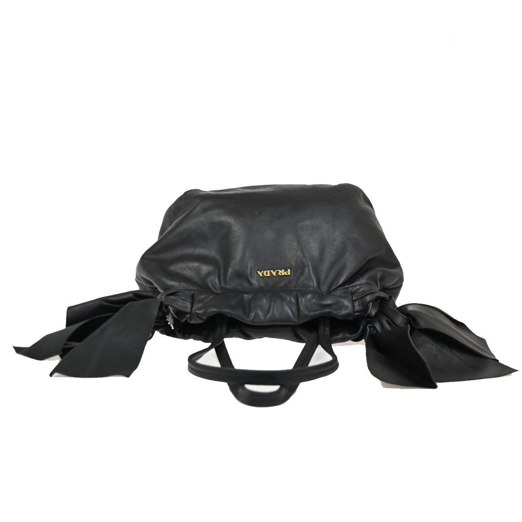 Prada Bow Tie Pleated Tote Leather Black Leather Shoulder Bag Bag (Pre-Owned)