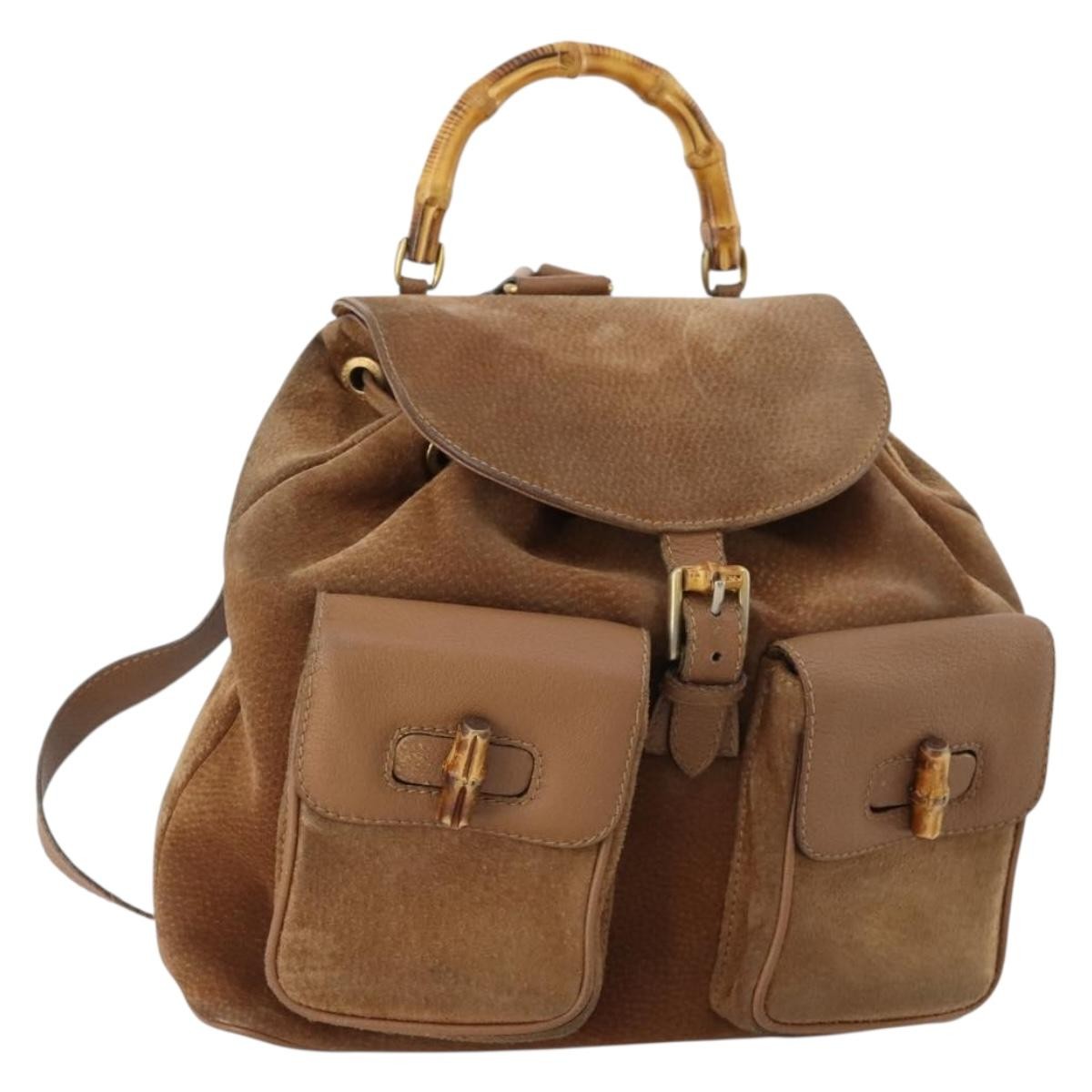 Gucci Vintage Bamboo Backpack Suede And Leather Brown Suede Backpack Bag (Pre-Owned)