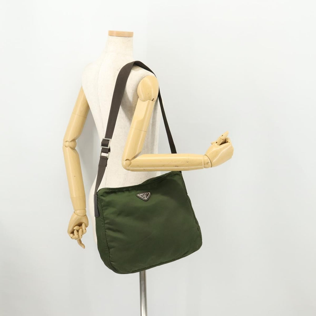 Prada Zip Top Messenger Bag Tessuto Khaki Nylon Shoulder Bag Bag (Pre-Owned)