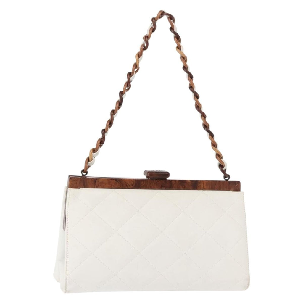 Chanel Wooden Frame Striped Shoulder Bag Leather White Leather Shoulder Bag Bag (Pre-Owned)