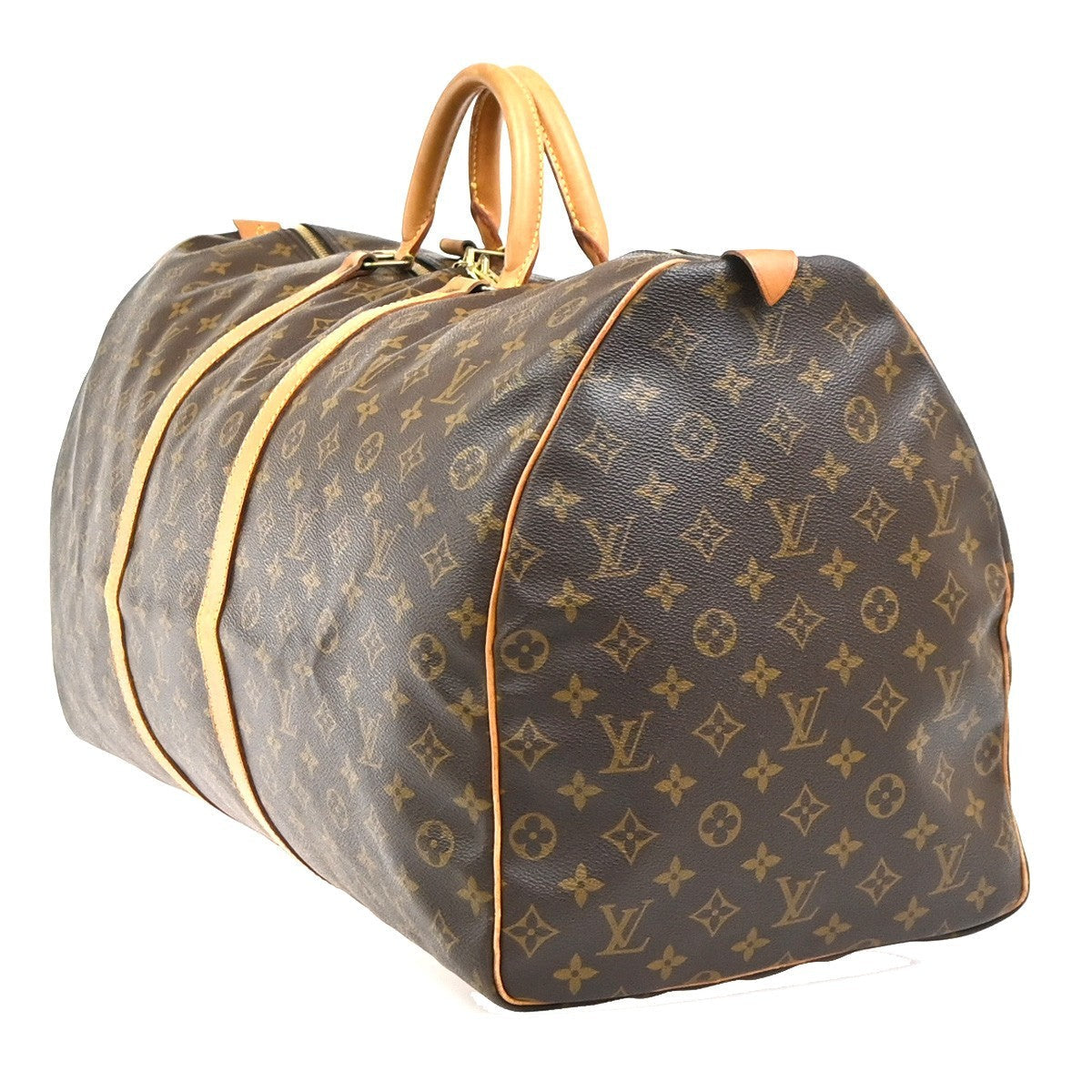 Louis Vuitton Keepall Bag Monogram Canvas Brown Leather Travel Bag Bag (Pre-Owned)