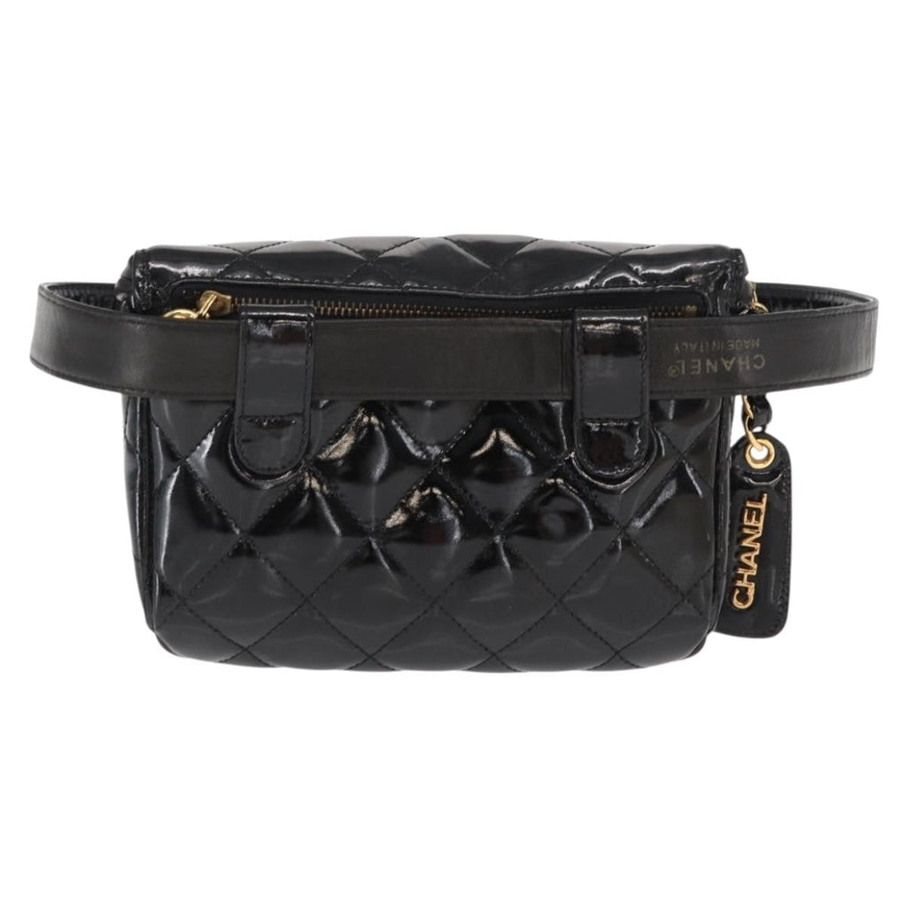 Chanel Vintage Zip Belt Bag Quilted Lambskin Black Patent_Leather Clutche & Pouche Bag (Pre-Owned)