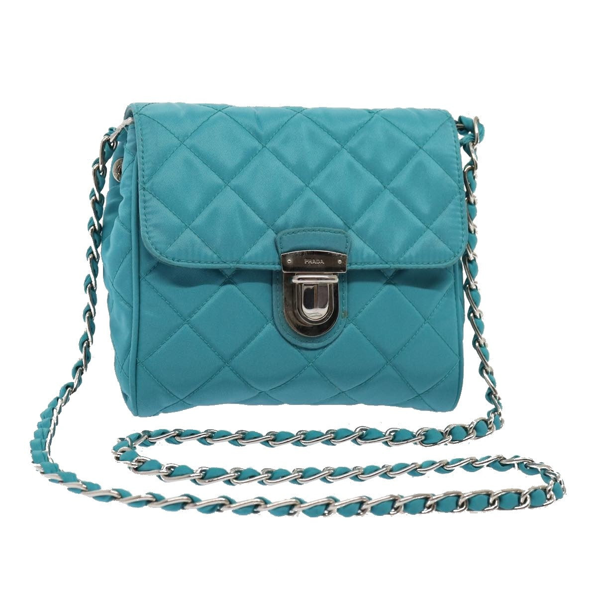 Prada Pushlock Chain Flap Bag Quilted Tessuto Turquoise Nylon Shoulder Bag Bag (Pre-Owned)