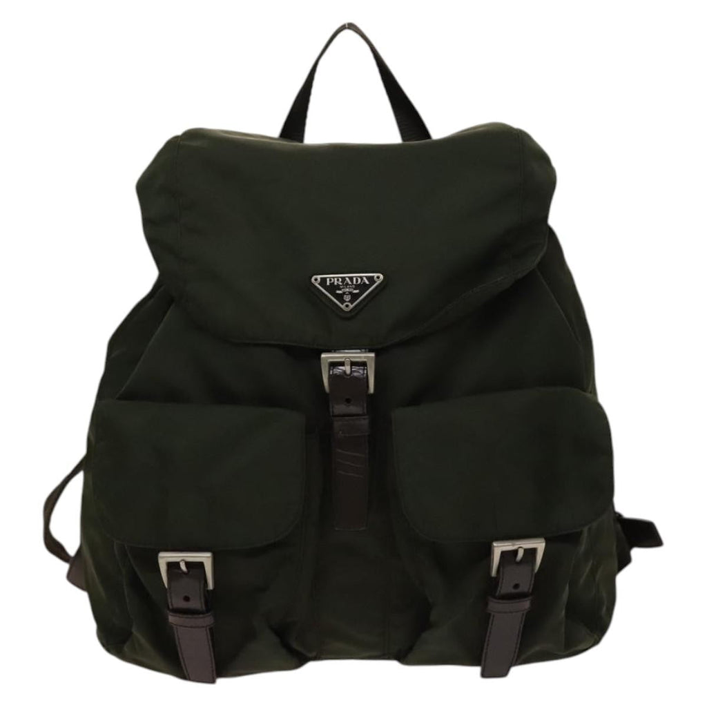 Prada Vela Double Front Pocket Backpack Tessuto With Saffiano Leather Khaki Nylon Backpack Bag (Pre-Owned)