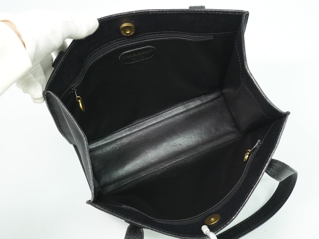Chanel Vintage Logo Tote Leather Black Leather Tote Bag Bag (Pre-Owned)