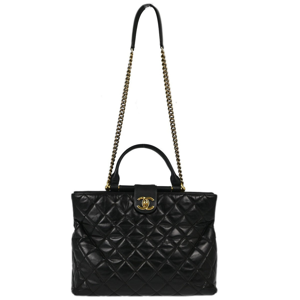 Chanel Gold Bar Tote Quilted Aged Calfskin Black Leather Tote Bag Bag (Pre-Owned)