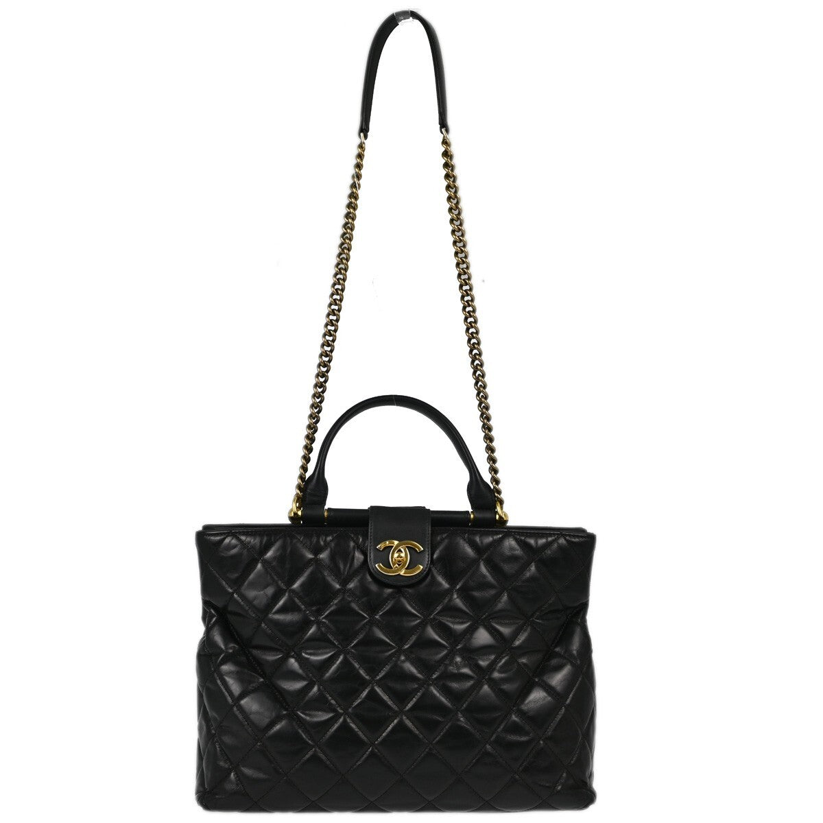 Chanel Gold Bar Tote Quilted Aged Calfskin Black Leather Tote Bag Bag (Pre-Owned)