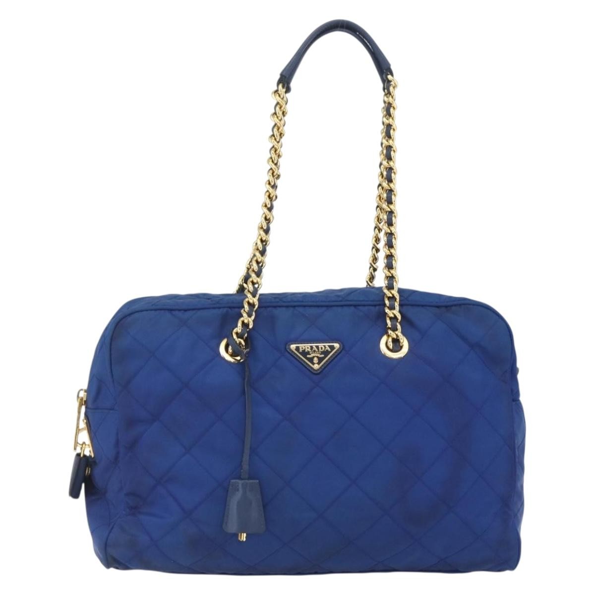 Prada Chain Shoulder Bag Quilted Tessuto Blue Nylon Shoulder Bag Bag (Pre-Owned)