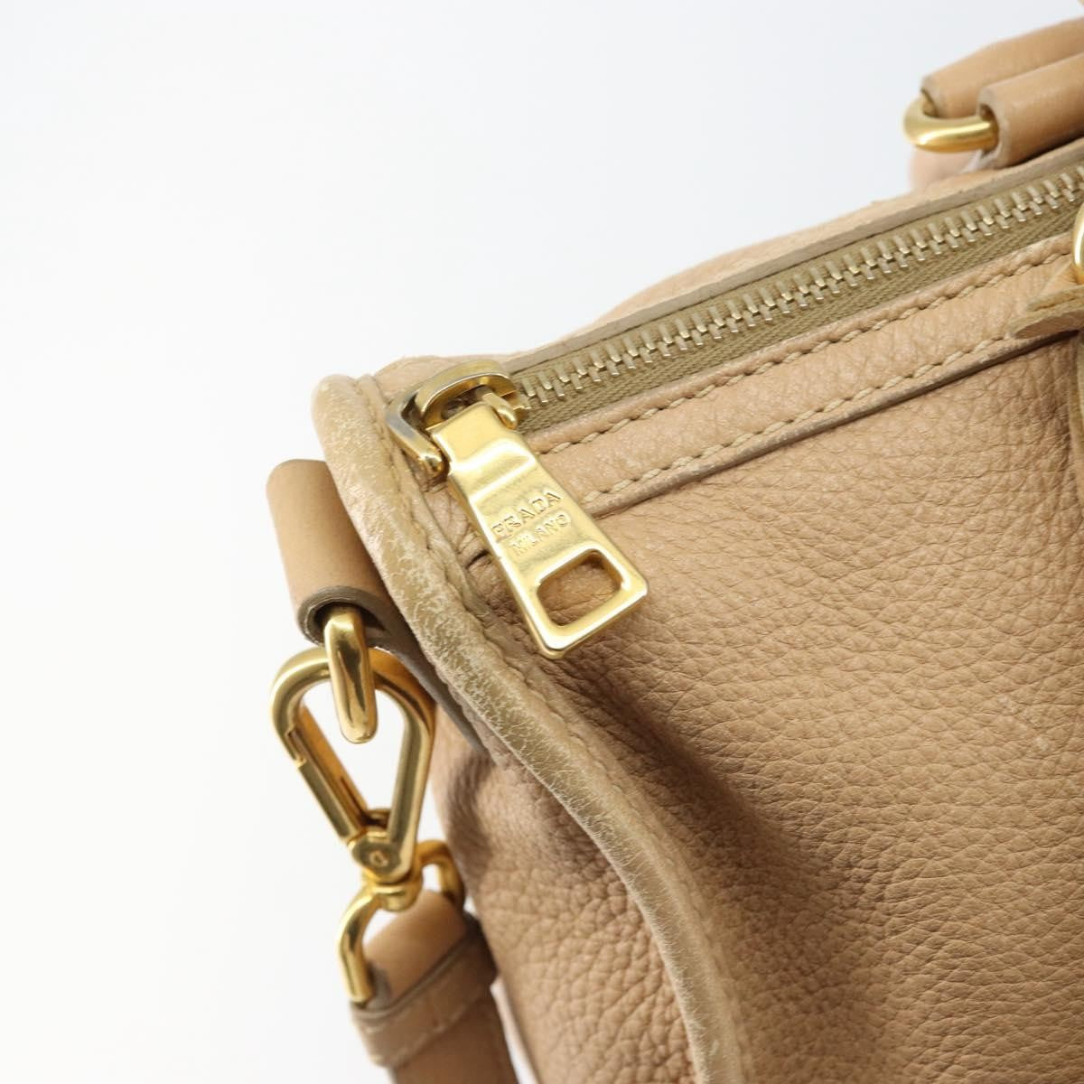 Prada Front Zip Convertible Satchel Cervo Leather Beige Leather Handbag (Pre-Owned)