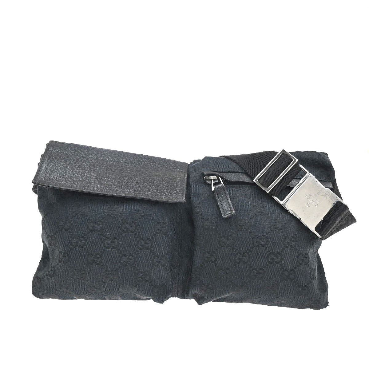 Gucci Vintage Double Belt Bag Gg Canvas With Leather Black Canvas Clutche & Pouche Bag (Pre-Owned)