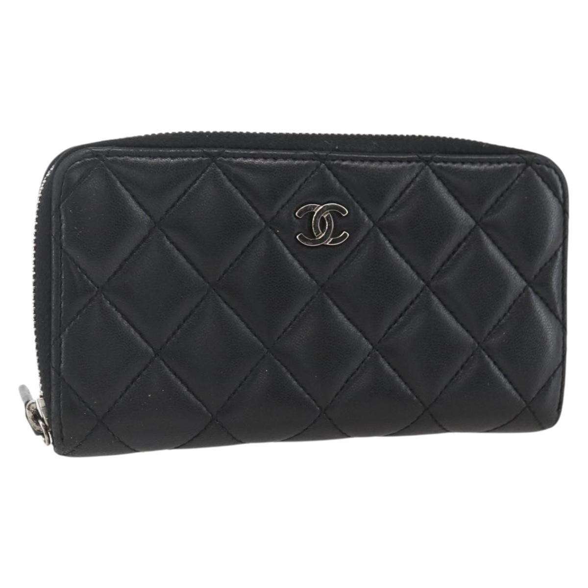 Chanel Zip Around Organizer Wallet Quilted Lambskin Black Leather Wallets Accessory (Pre-Owned)