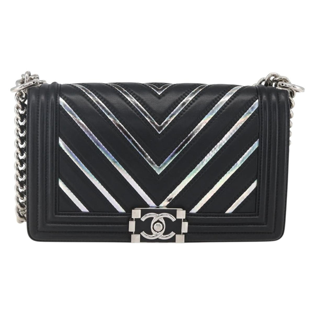 Chanel Boy Flap Bag Chevron Lambskin With Holographic Pvc Black Leather Shoulder Bag Bag (Pre-Owned)