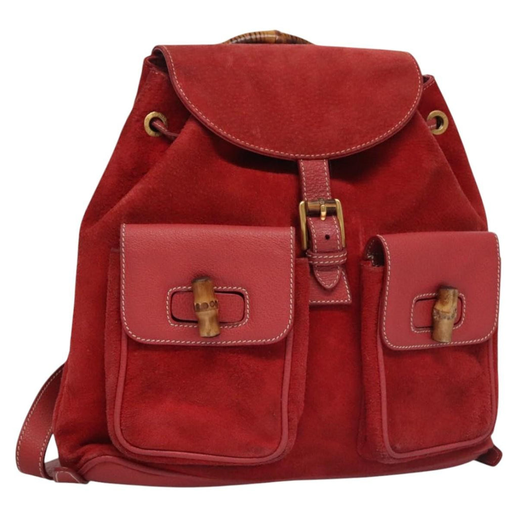 Gucci Vintage Bamboo Backpack Suede And Leather Red Suede Backpack Bag (Pre-Owned)