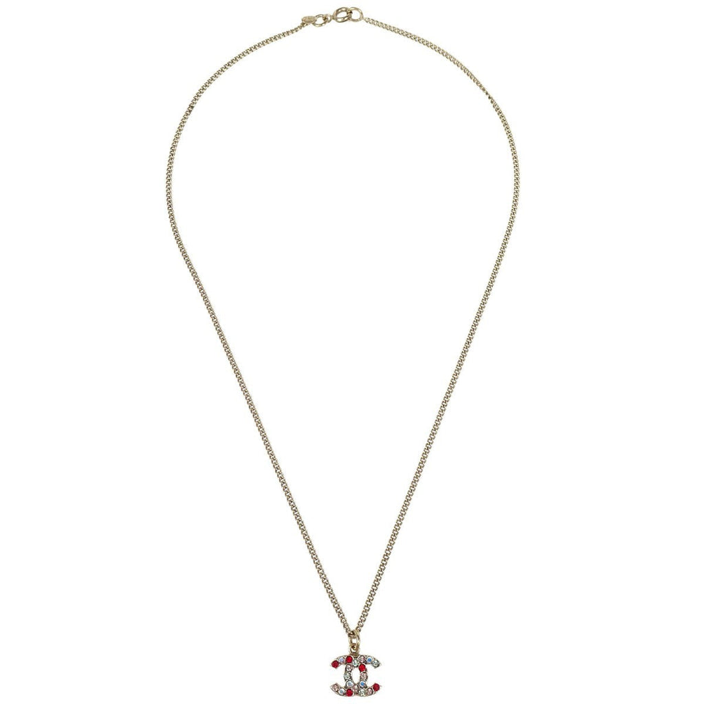 Chanel Cc Pendant Necklace Multicolor Crystal Embellished Metal Gold Gold_Plated Necklace Jewelry (Pre-Owned)