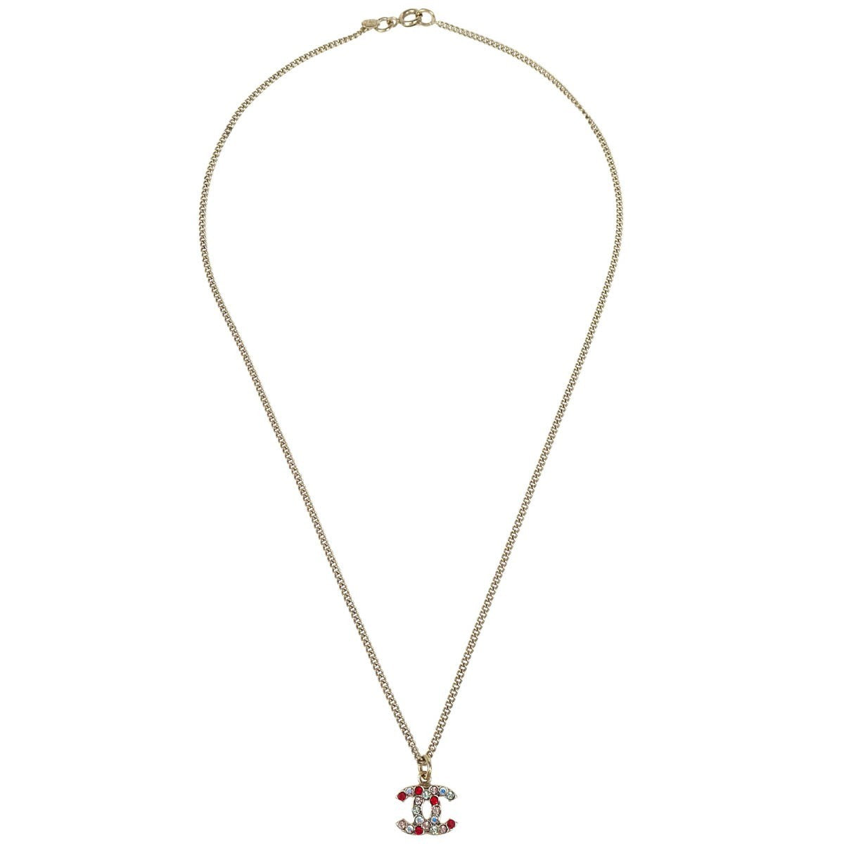 Chanel Cc Pendant Necklace Multicolor Crystal Embellished Metal Gold Gold_Plated Necklace Jewelry (Pre-Owned)