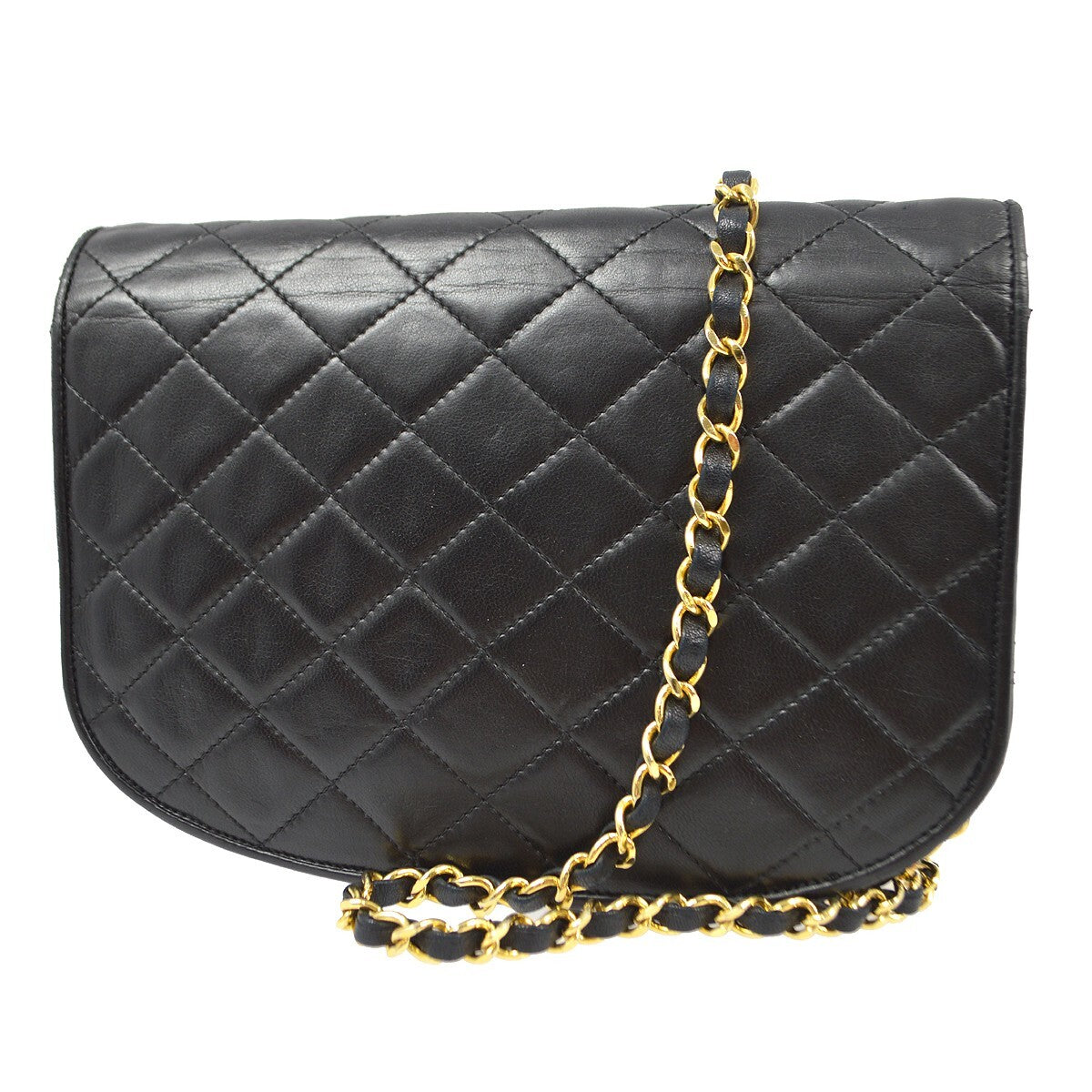 Chanel Vintage Round Flap Bag Quilted Lambskin Black Leather Shoulder Bag Bag (Pre-Owned)