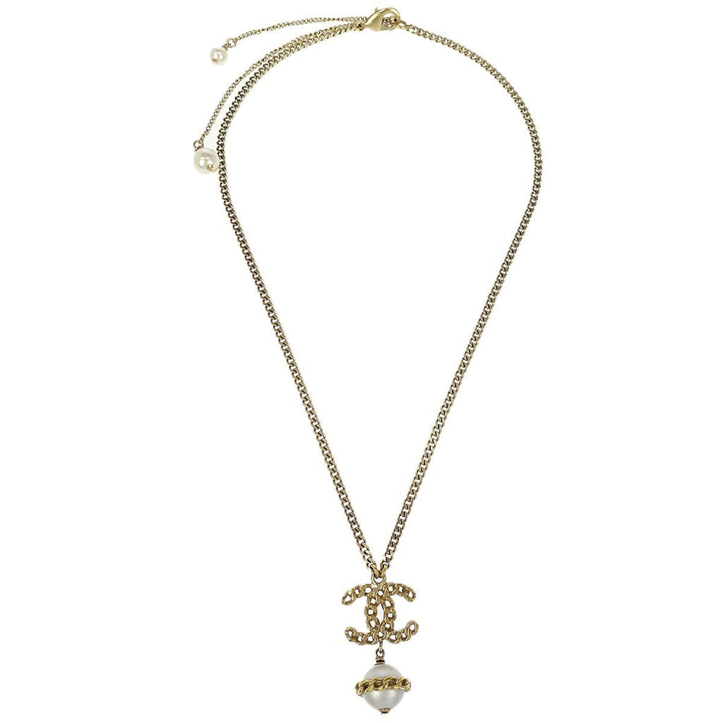 Chanel Cc Chain Necklace Metal With Faux Pearls Gold Gold_Plated Necklace Jewelry (Pre-Owned)