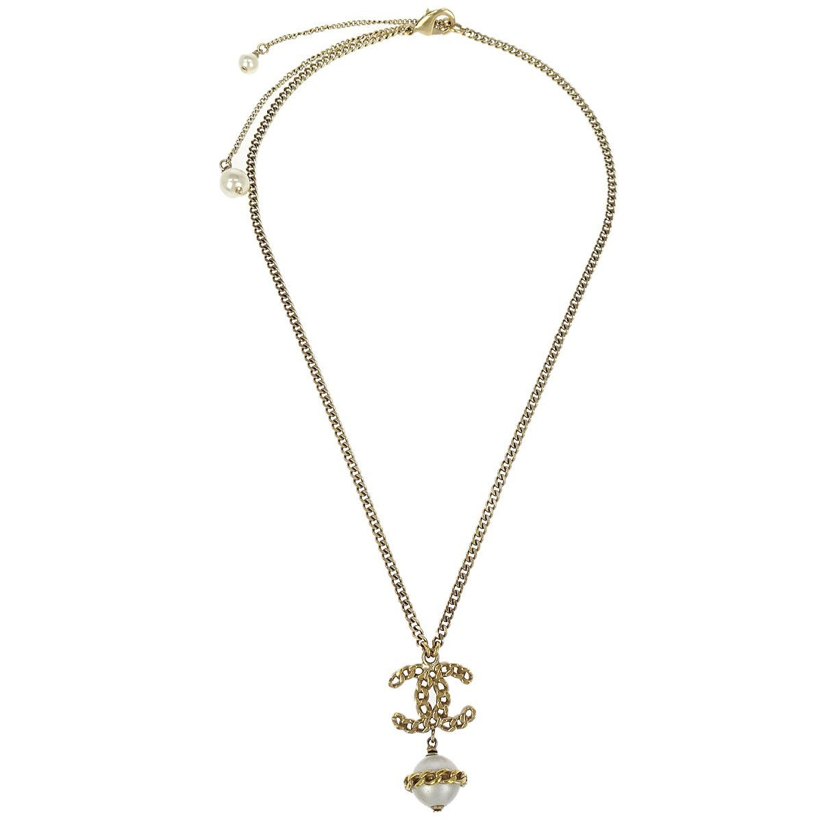 Chanel Cc Chain Necklace Metal With Faux Pearls Gold Gold_Plated Necklace Jewelry (Pre-Owned)